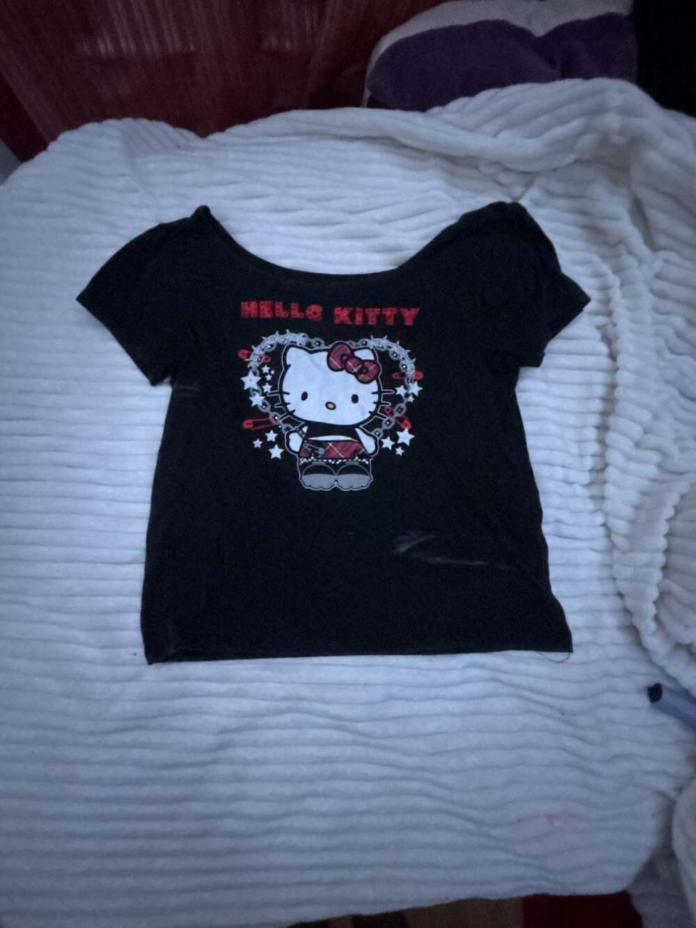 Sanrio Hello Kitty Graphic Tee Size L Black Plaid Bow Punk